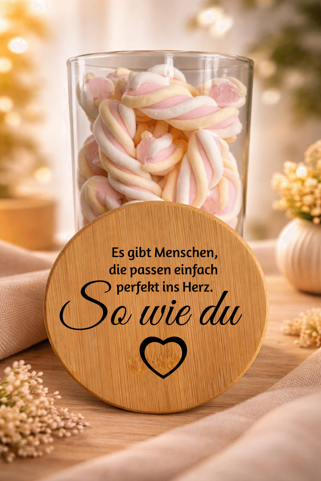 Geschenkglas "So wie du" von Ha1pe.de mit Bambusdeckel auf weißem Hintergrund, dekoratives Glas mit Schriftzug.