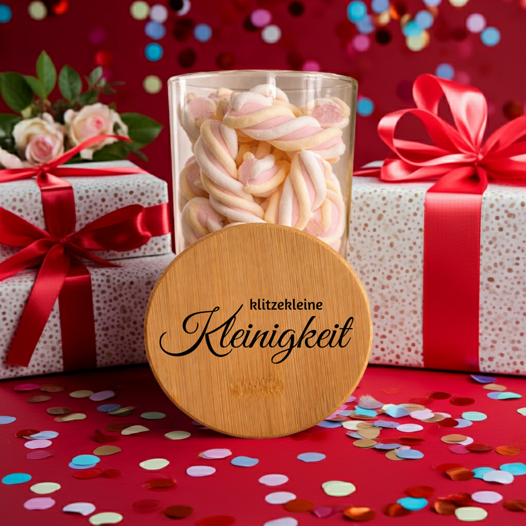 Geschenkglas mit graviertem Bambusdeckel. Fertige Designs oder individuelle Gravur