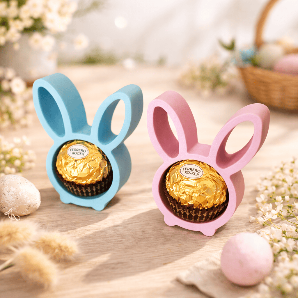 3D Druck Osterhase mit Loch für Rocher. Rosa und blau mit Rocher