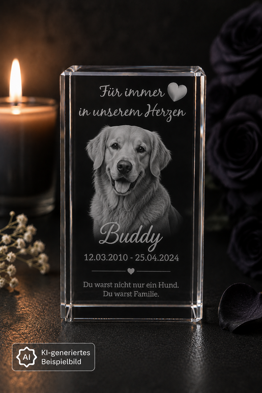 Kristall 3D Gravur personalisiert mit Foto, Namen und Datum von links vorne 