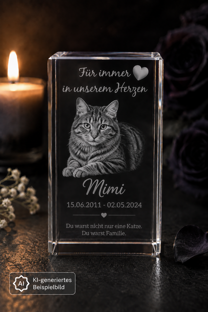 Kristall 3D Gravur personalisiert mit Foto, Namen und Datum von links vorne 