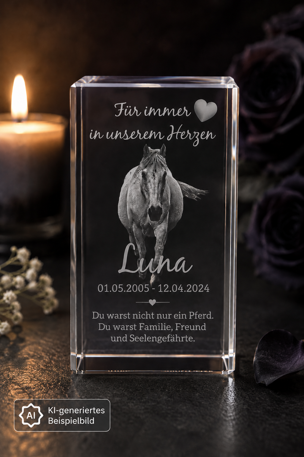 Kristall 3D Gravur personalisiert mit Foto, Namen und Datum von links vorne 