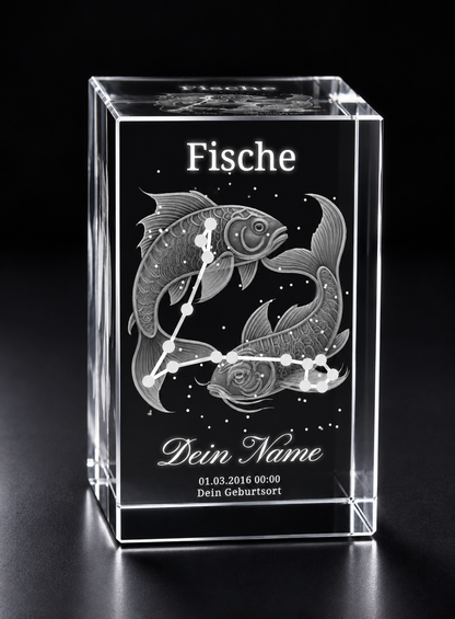 3D Kristall Innengravur Sternzeichen Fische personalisiert mit Name