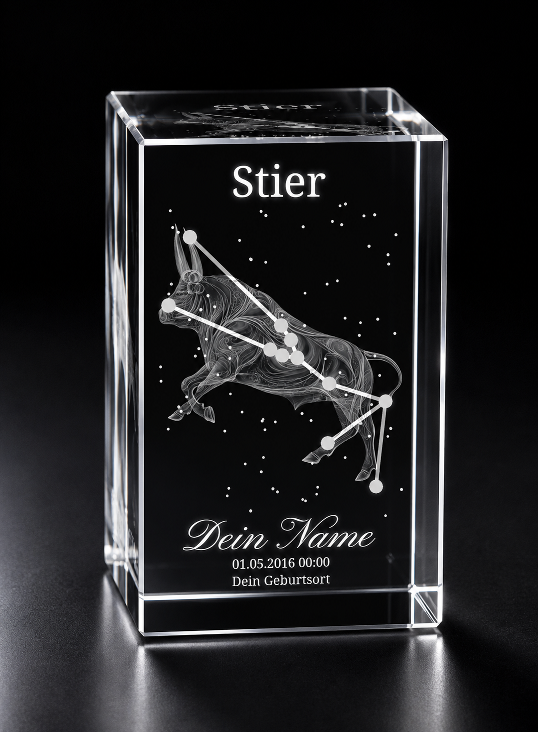 3D Kristall Innengravur Sternzeichen Stier personalisiert mit Name
