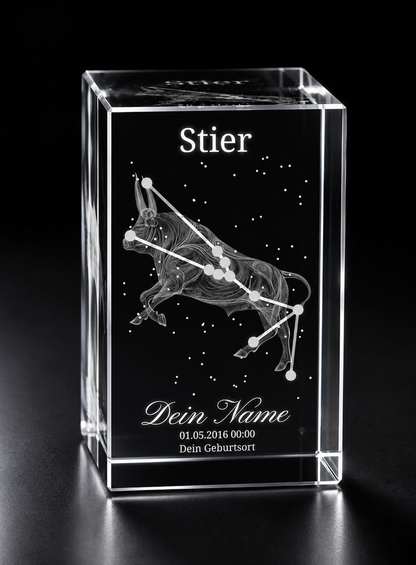 3D Kristall Innengravur Sternzeichen Stier personalisiert mit Name