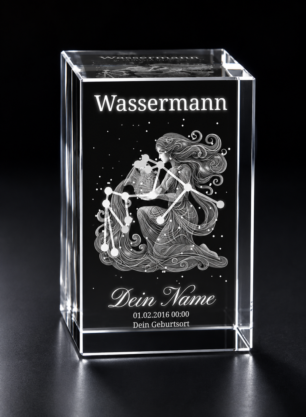 3D Kristall Innengravur Sternzeichen Wassermann personalisiert mit Name