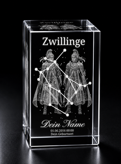3D Kristall Innengravur Sternzeichen Zwillinge personalisiert mit Name