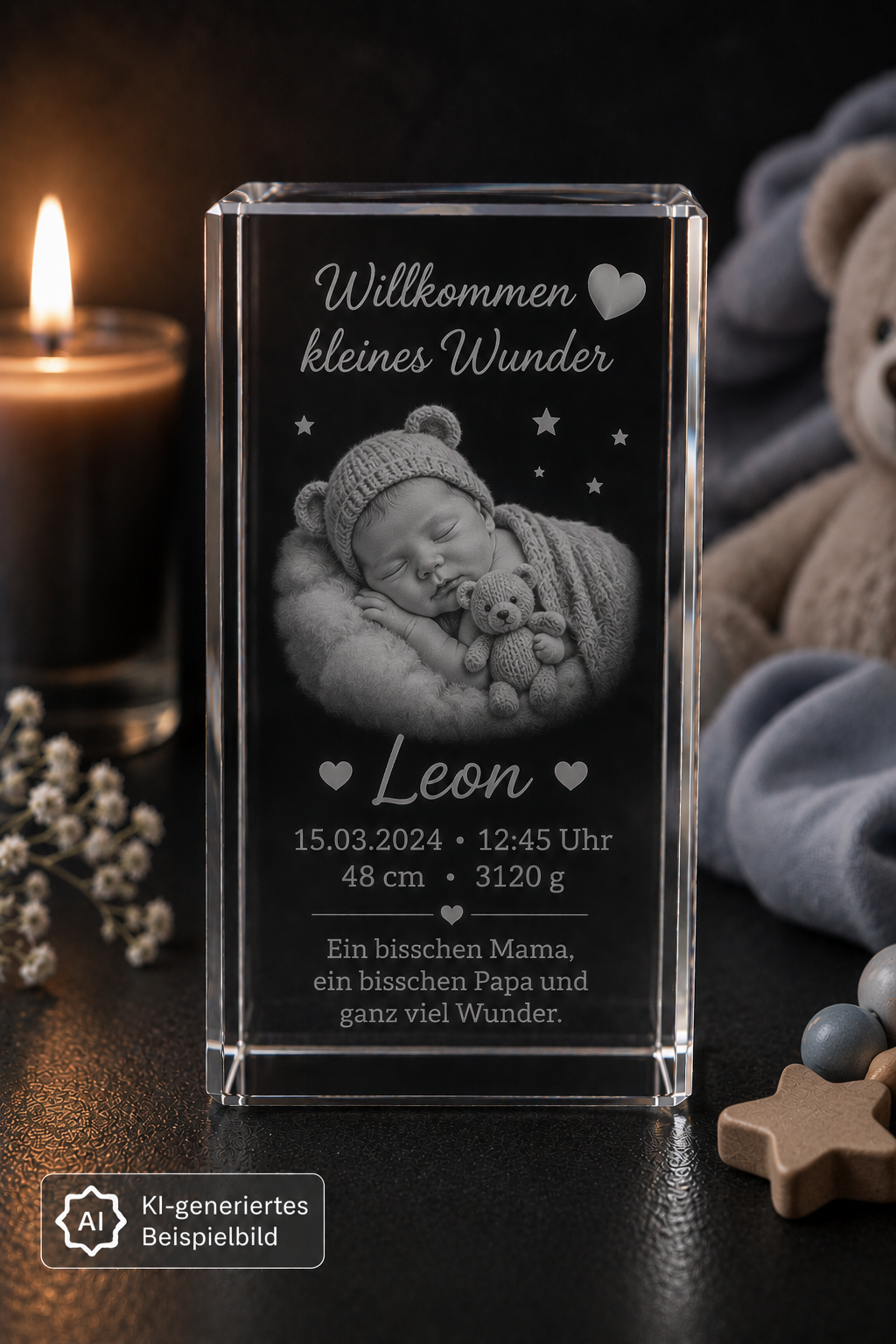 Kristall 3D Gravur personalisiert mit Foto, Namen und Datum von vorne 