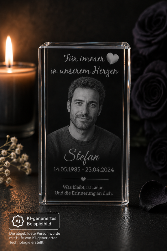 Kristall 3D Gravur Mensch personalisiert mit Foto, Name und Datum von vorne