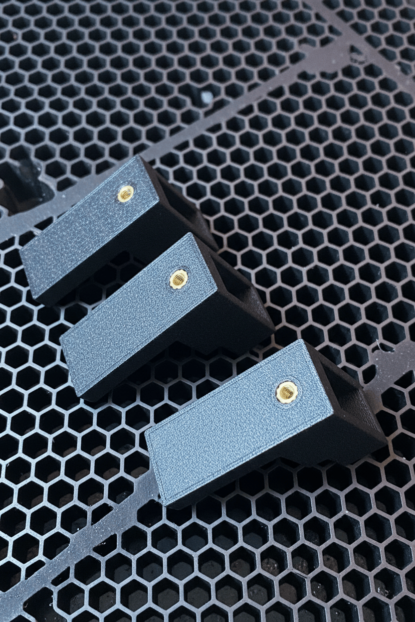 3D-Druck Teile auf Laser-Arbeitsfläche, spezialanfertigung für einen Kunden in CAD. Gedruckt in glasfaserverstärktem PETG. Mit Einschmelzgewinde M3