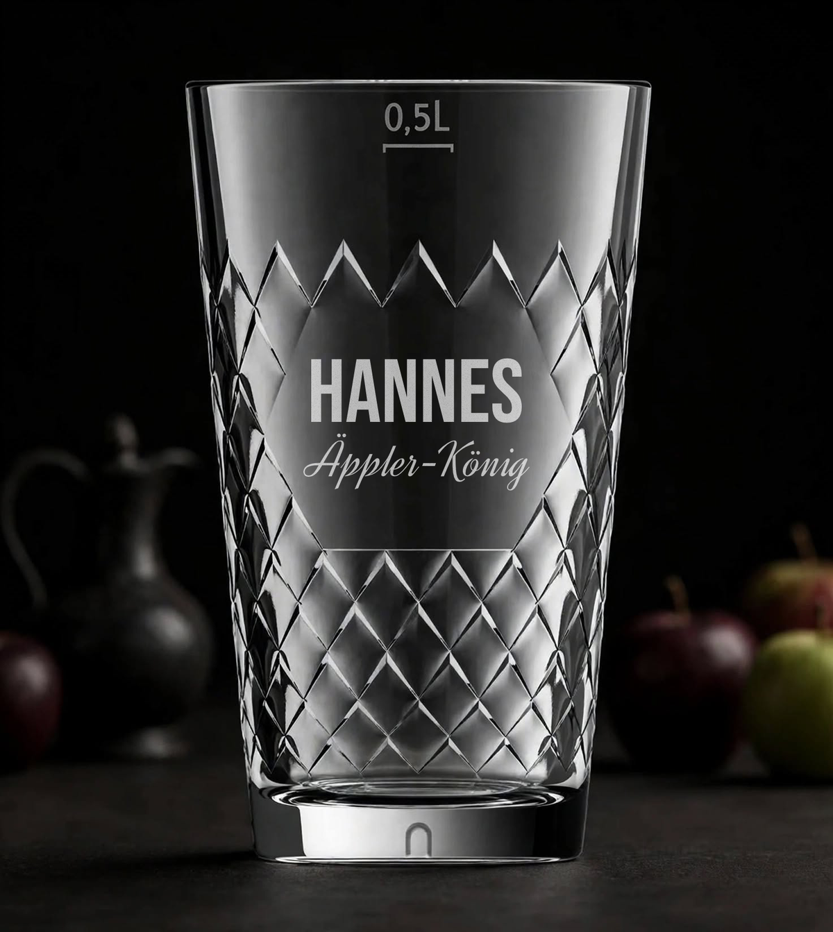 Rastal Apfelweinglas 0,5 L mit Gravur „Äppler-König“ und Name – personalisiertes Rautenglas