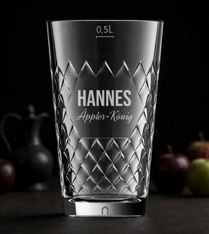 Rastal Apfelweinglas 0,5 L mit Gravur „Äppler-König“ und Name – personalisiertes Rautenglas