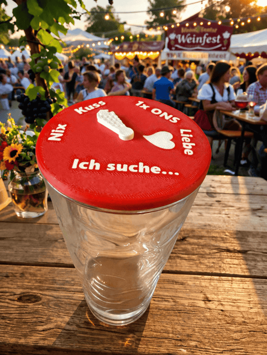 Dubbeglas Deckel mit Zeiger -Ich suche... Die Flirthilfe fürs Weinfest