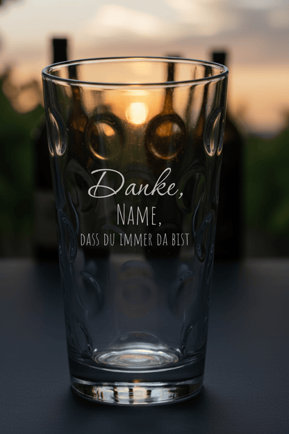Dubbeglas mit personalisierter Gravur. Spülmaschinenfeste Lasergravur - Danke, dass du immer da bist mit Name