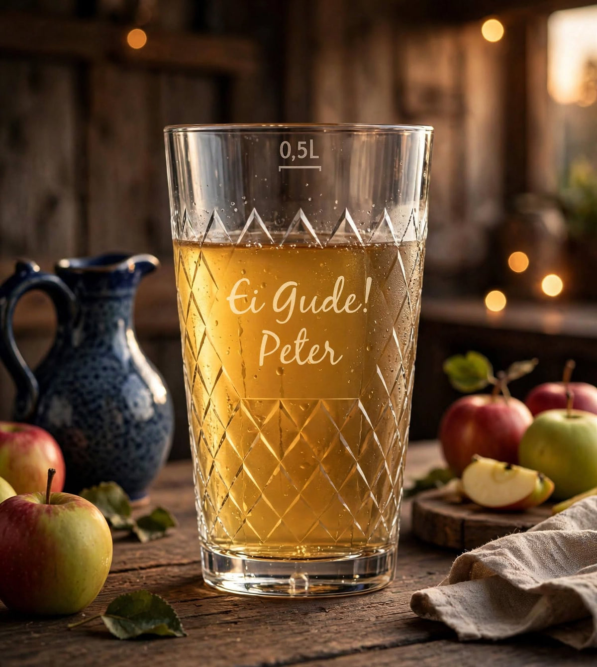 Apfelweinglas mit Gravur „Ei Gude!“ und Name – Rastal Rautenglas 0,5 L im Lifestyle-Ambiente