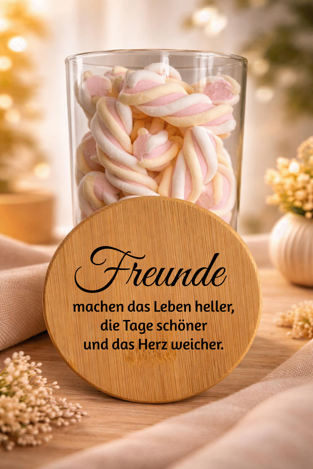 Geschenkglas "Freunde" von Ha1pe.de mit Bambusdeckel, transparentes Glas mit dekorativem Freundes-Design.