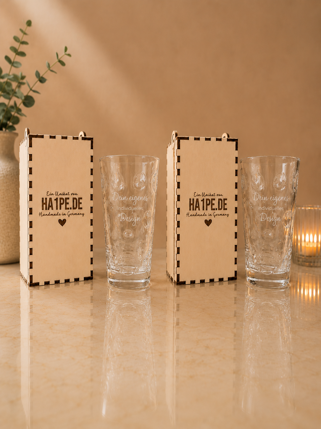 Geschenkset mit zwei gravierten Böckling Dubbegläsern in personalisierter Holz-Geschenkbox | Ha1pe.de