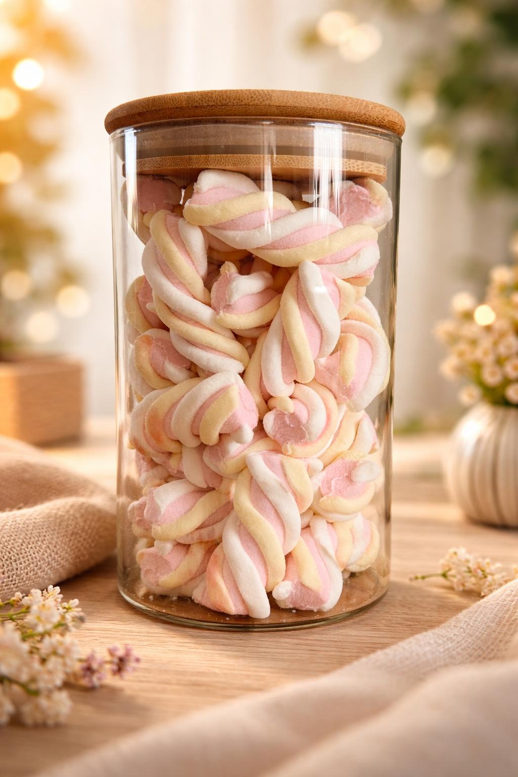 Geschenkglas "Knabberkram" mit Bambusdeckel, gefüllt, geschlossen, dekoratives Glas für Snacks und Süßigkeiten.