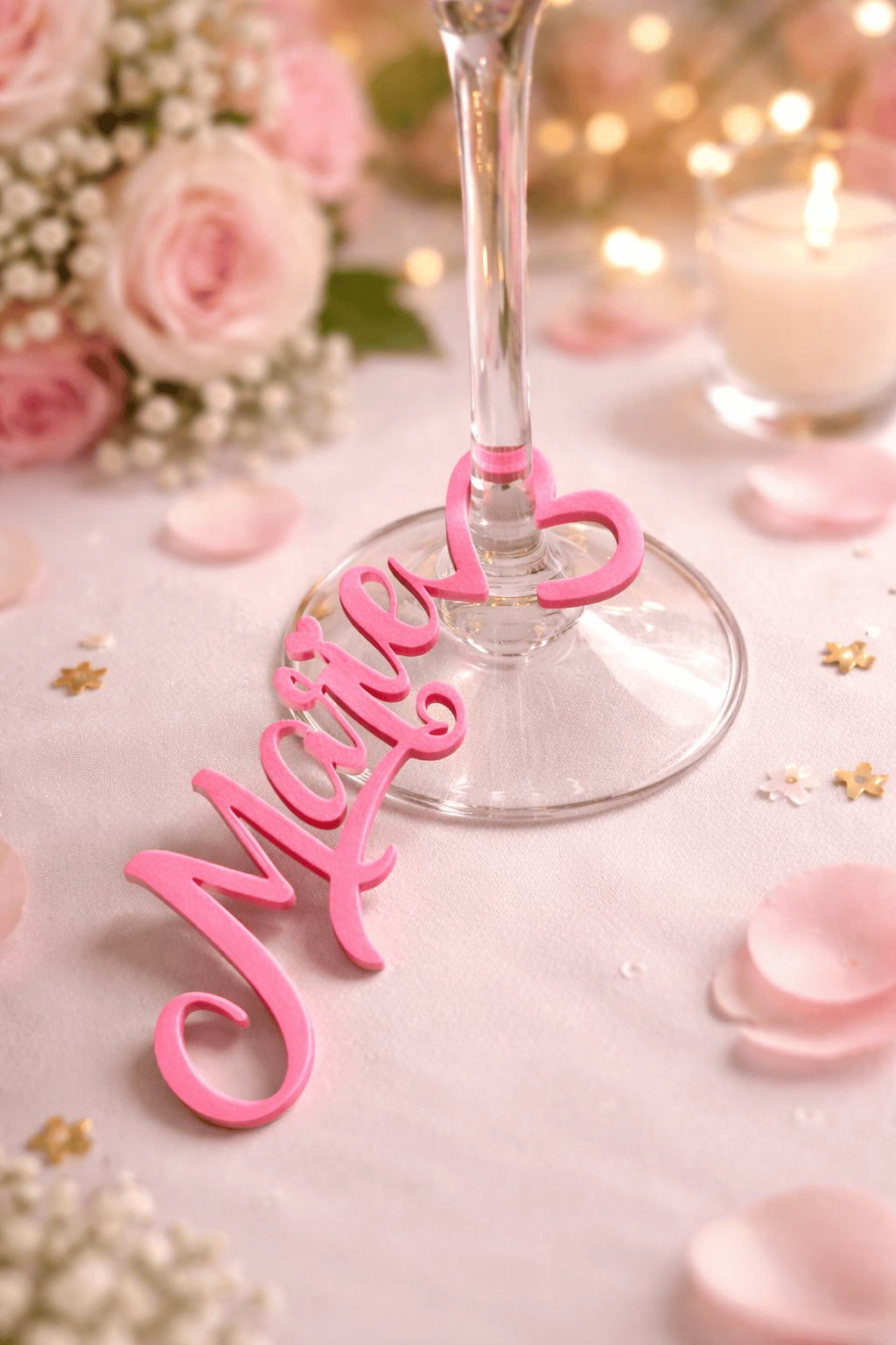 Glasanhänger - Glasmarkierer Marie in Rosa an Glasstiel. Personalisiert mit eigenem Namen