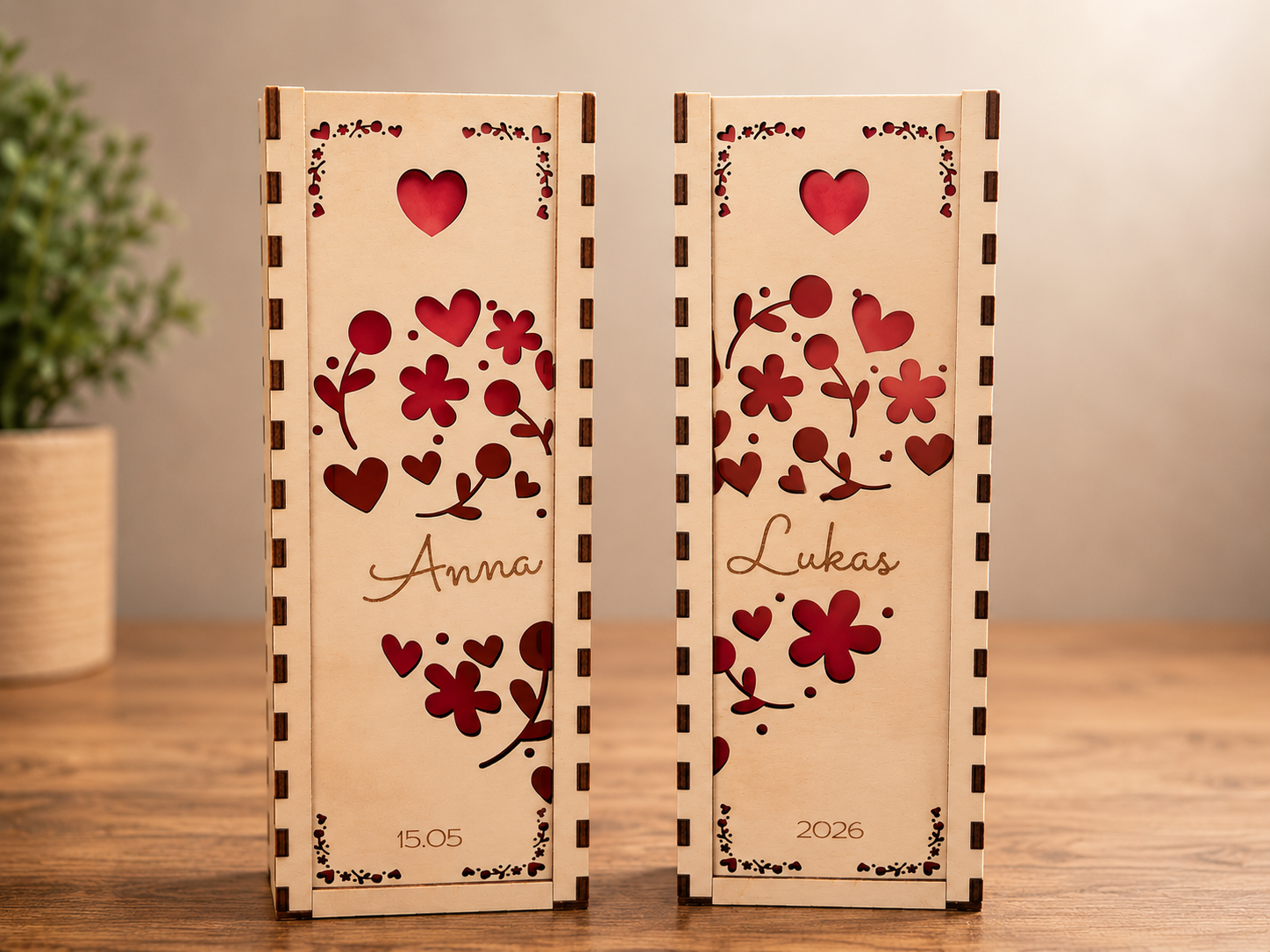 Personalisierte Holz-Geschenkbox für Champagnergläser. Doppelte Ausführung mit abgestimmter Gravur