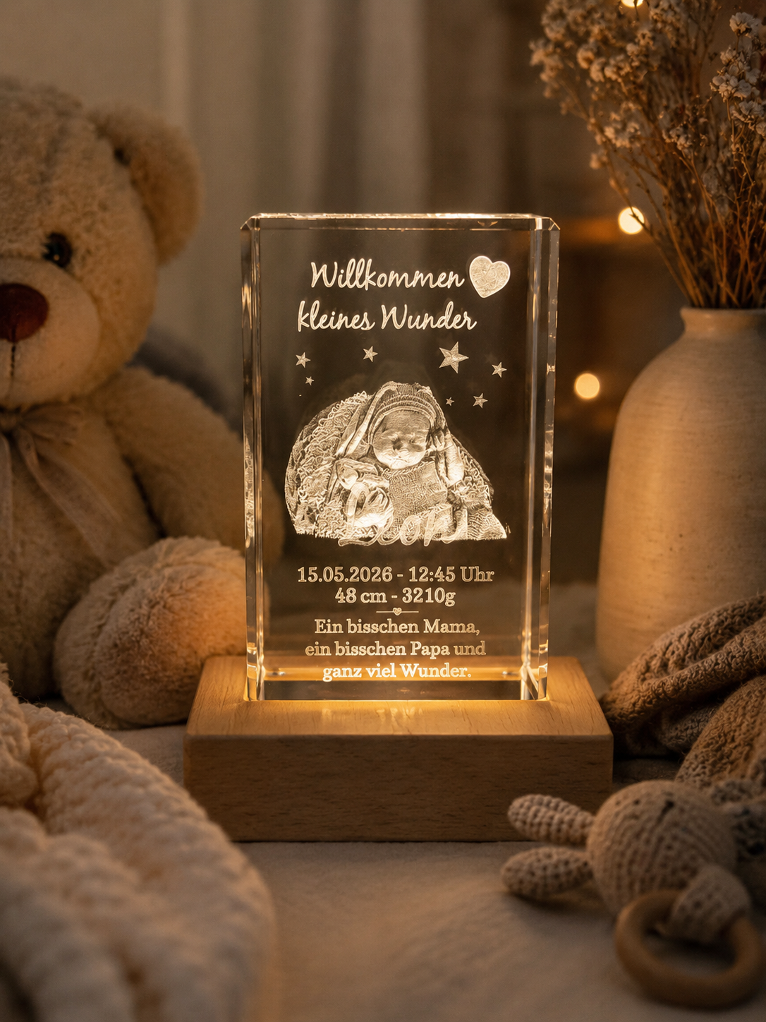 Kristall 3D Gravur Baby personalisiert mit Foto, Name und Geburtsdatum auf beleuchtetem LED-Holzsockel – Lifestyle von vorne