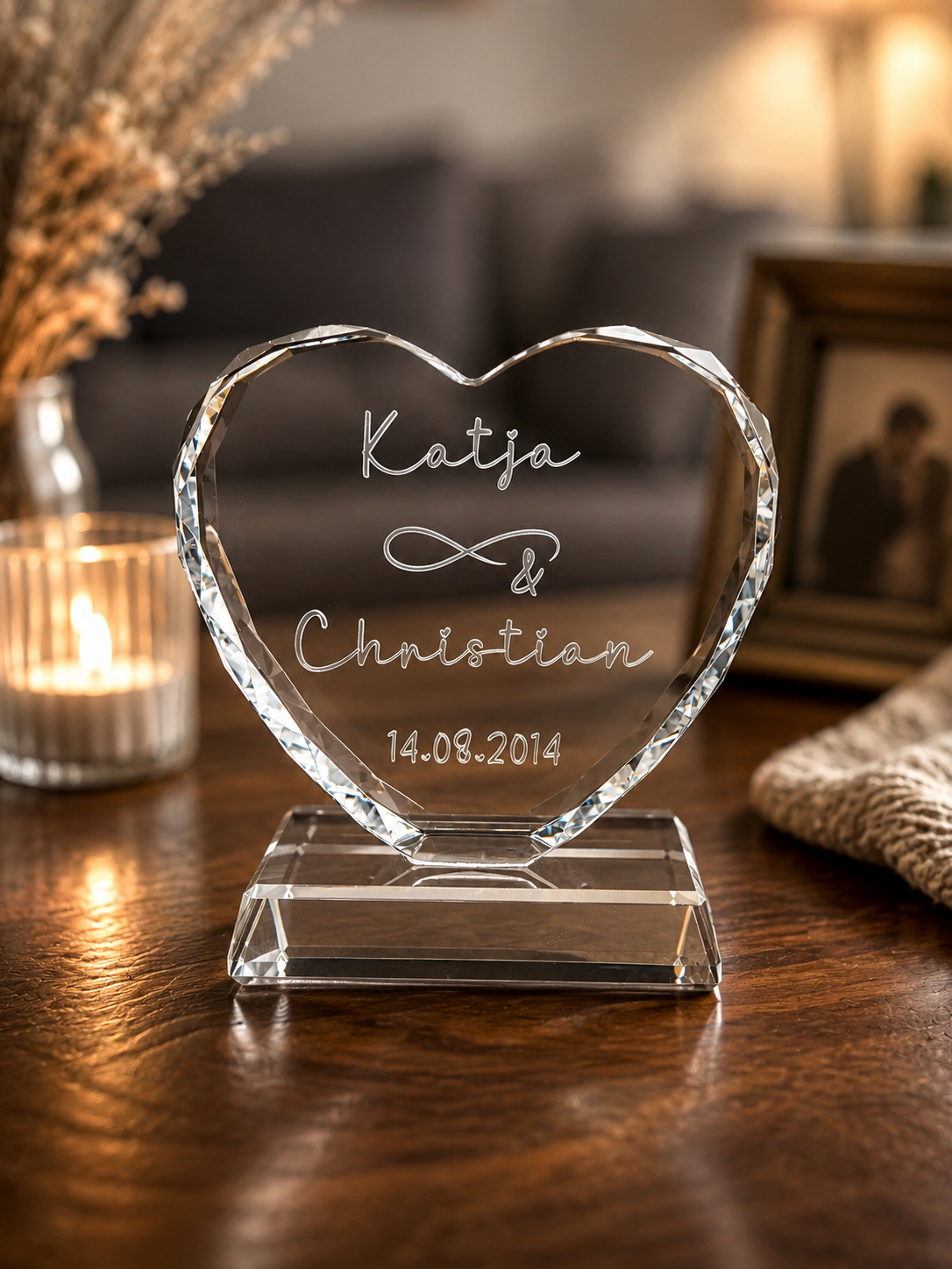 Kristallherz mit 3D-Innengravur – zwei Namen und Datum mit Infinity-Zeichen, personalisiertes Geschenk zur Hochzeit