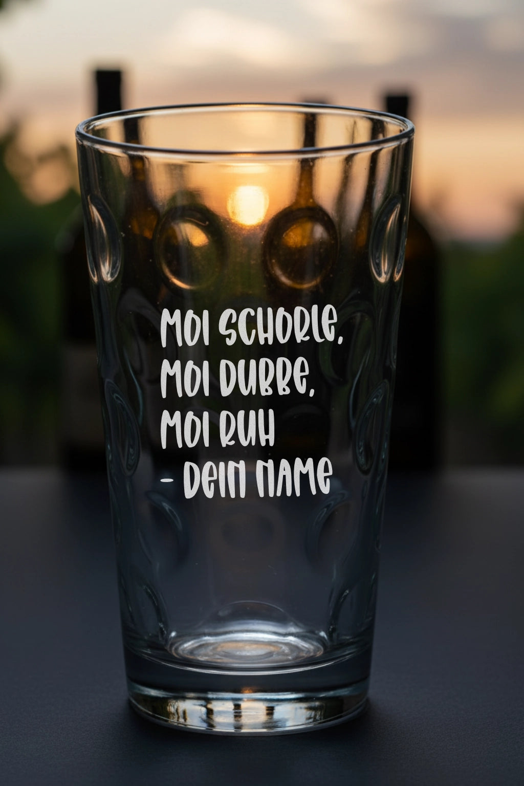 Dubbeglas mit personalisierter Gravur. Spülmaschinenfeste Lasergravur - Moi Schorle mit Name