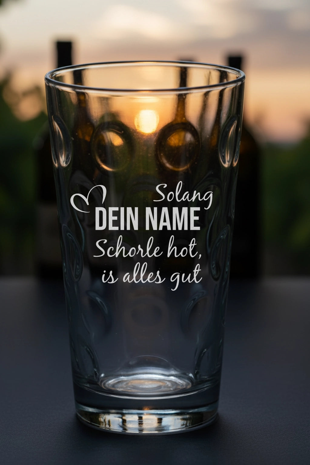 Dubbeglas mit personalisierter Gravur. Spülmaschinenfeste Lasergravur - Solang Schorle hot mit Name