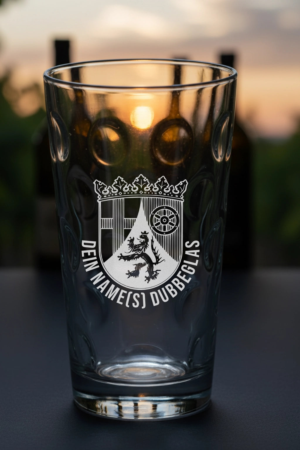 Dubbeglas mit personalisierter Gravur. Spülmaschinenfeste Lasergravur - Pfälzer Wappen mit Name