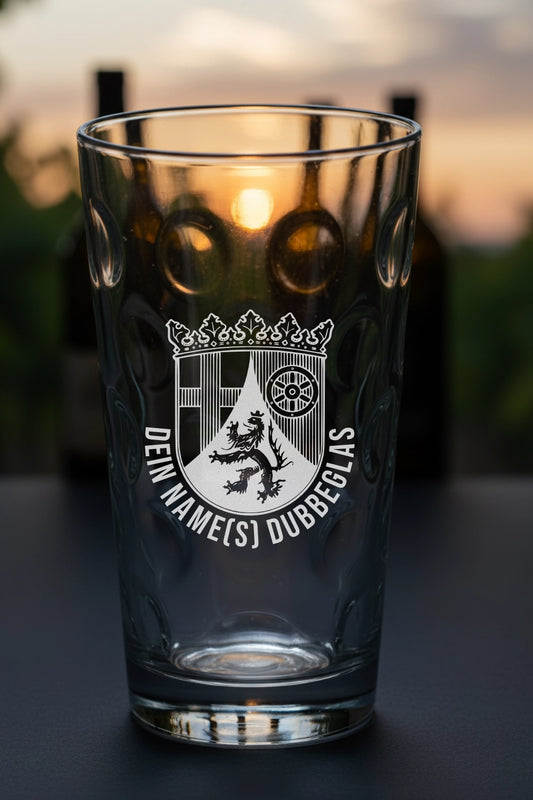 Dubbeglas mit personalisierter Gravur. Spülmaschinenfeste Lasergravur - Pfälzer Wappen mit Name