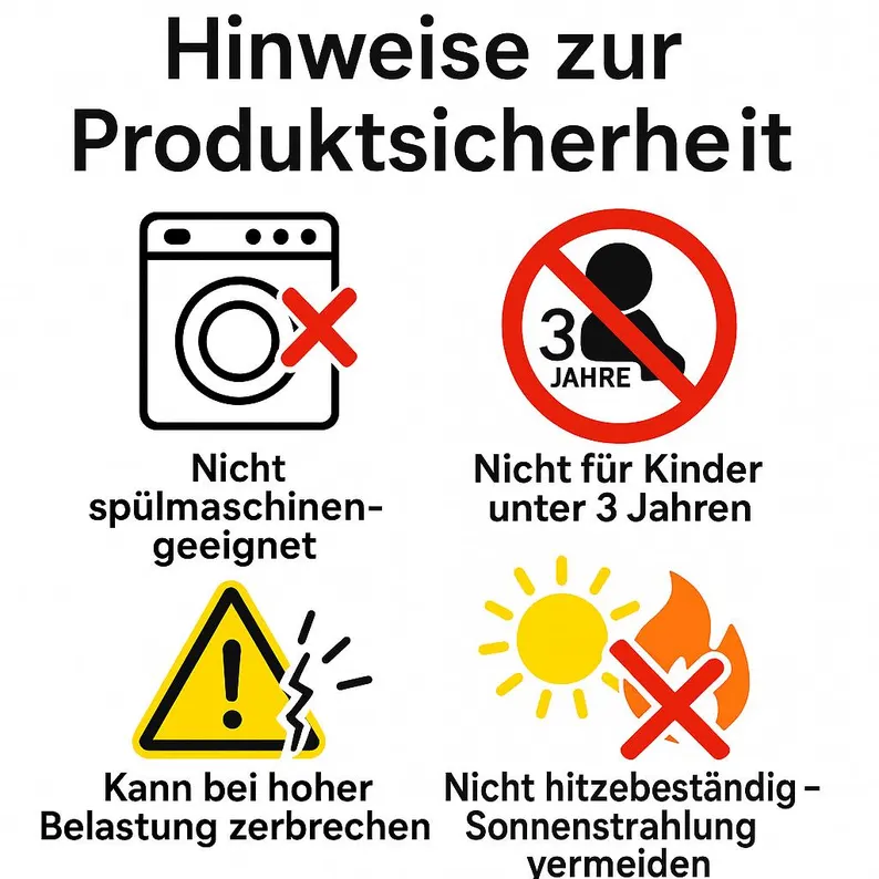 Warnhinweise – nicht spülmaschinengeeignet Nicht für Kinder unter 3 Jahren, Kann bei hoher Belastung zerbrechen, Nicht hitzebeständig - Sonnenstrahlung vermeiden