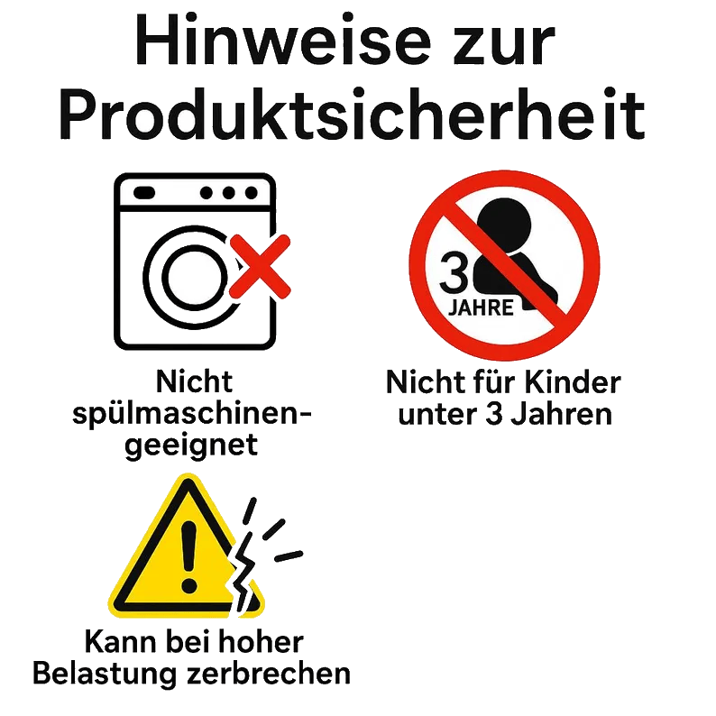 Warnhinweise – nicht spülmaschinengeeignet Nicht für Kinder unter 3 Jahren, Kann bei hoher Belastung zerbrechen