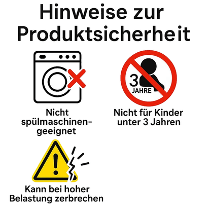 Warnhinweise – nicht spülmaschinengeeignet Nicht für Kinder unter 3 Jahren, Kann bei hoher Belastung zerbrechen