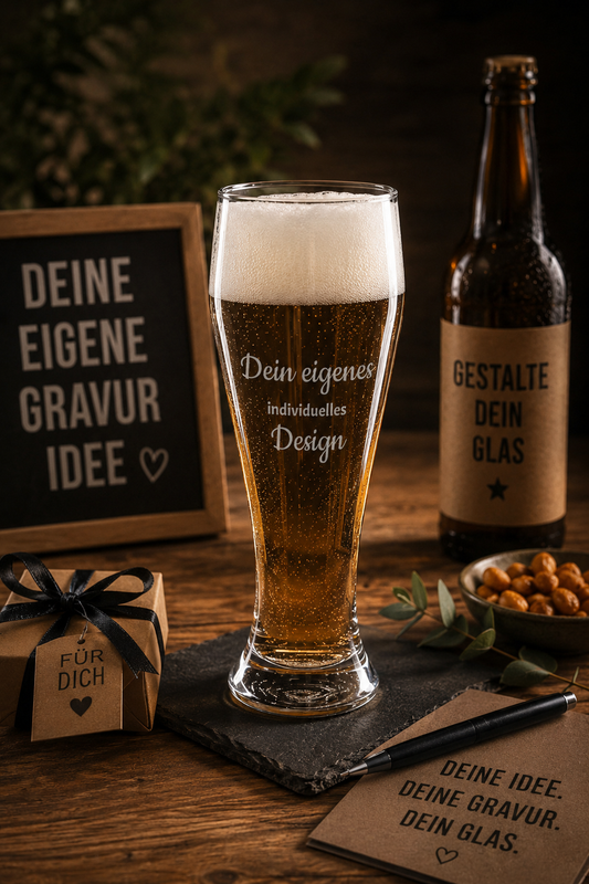 Weizenglas mit Gravur – verschiedene Designs aus dem Konfigurator, personalisiert und spülmaschinenfest