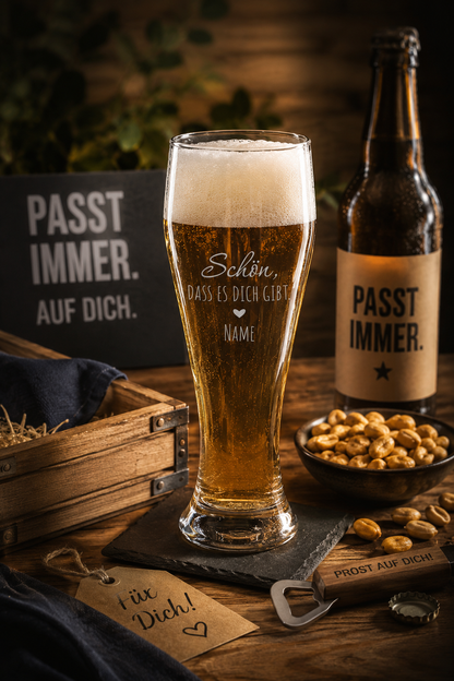 Weizenglas mit Gravur als Geschenk – personalisierte Sprüche im Überblick, spülmaschinenfeste Lasergravur