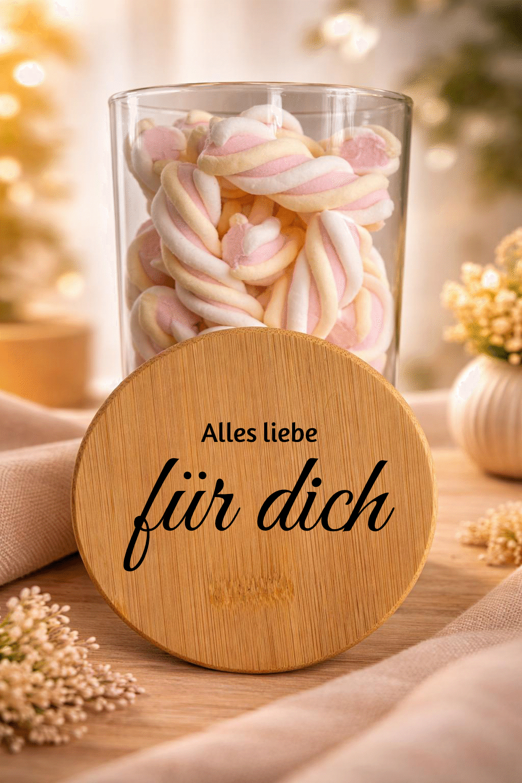 Geschenkglas "Alles Liebe" von Ha1pe.de mit Bambusdeckel, transparentes Glasgefäß für Geschenke oder Dekorationen