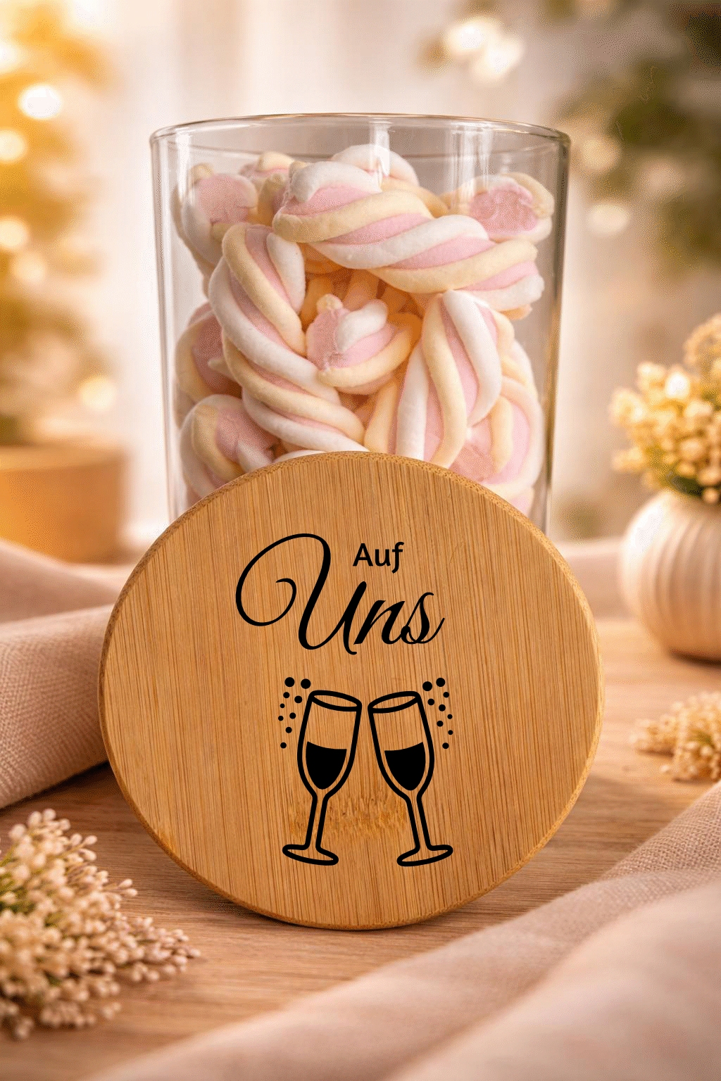 Geschenkglas "Auf uns" mit Bambusdeckel, dekoratives Glas zum Verschenken, von Ha1pe.de, auf weißem Hintergrund fotografiert
