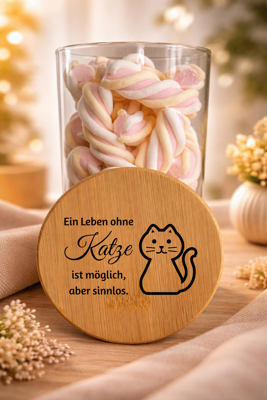 Geschenk-Glas "Ein Leben ohne Katze" mit Bambusdeckel, dekoratives Glas in Geschenkarton, ideal für Katzenliebhaber.