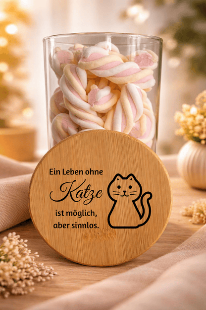 Geschenk-Glas "Ein Leben ohne Katze" mit Bambusdeckel, dekoratives Glas in Geschenkarton, ideal für Katzenliebhaber.