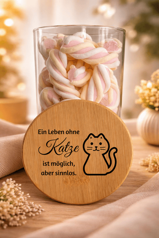 Geschenk-Glas "Ein Leben ohne Katze" mit Bambusdeckel, dekoratives Glas in Geschenkarton, ideal für Katzenliebhaber.