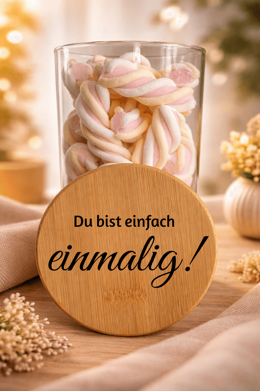 Geschenkglas "Einmalig" mit Bambusdeckel, transparentes Glas für Geschenke, von Ha1pe.de