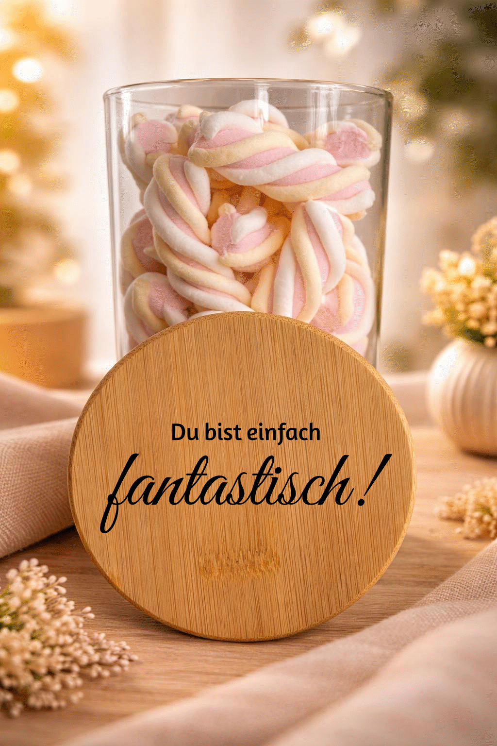 Geschenkglas "Fantastisch" von Ha1pe.de mit Bambusdeckel, transparentes Glas mit stilvollem Schriftzug, ideal für Geschenke