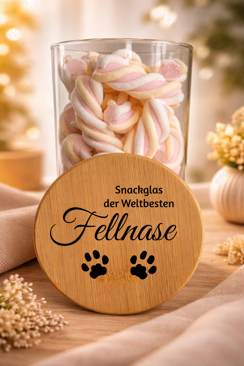 Geschenk-Glas "Fallnase" mit Bambusdeckel, transparentes Glas mit weihnachtlicher Fellnase, ideal für Geschenke, von Ha1pe.de