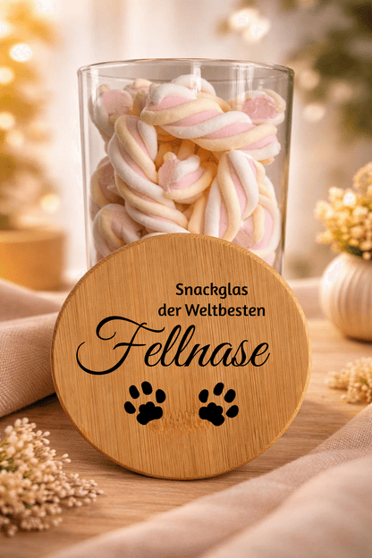 Geschenk-Glas "Fallnase" mit Bambusdeckel, transparentes Glas mit weihnachtlicher Fellnase, ideal für Geschenke, von Ha1pe.de