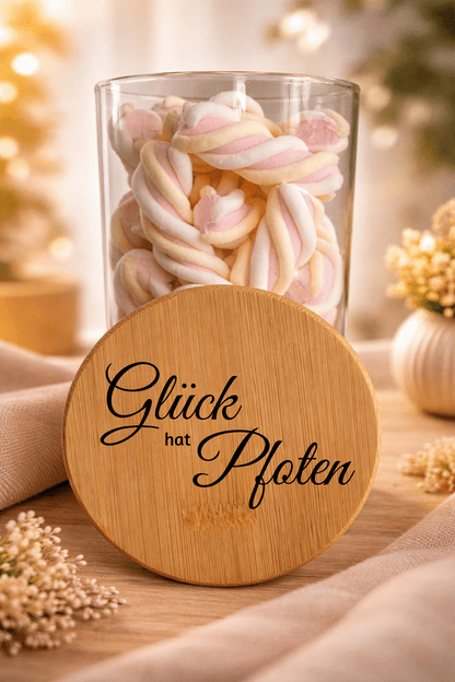 Geschenk-Glas "Glück hat Pfoten" mit Bambusdeckel, dekoratives Glas mit Pfotenmuster von Ha1pe.de