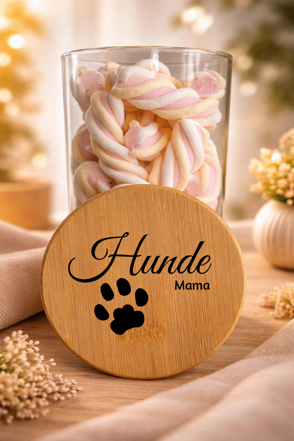 Geschenk-Glas "Hunde Mama" von Ha1pe.de mit Bambusdeckel, dekoratives Glas für Hundeliebhaber, sichtbares Design.
