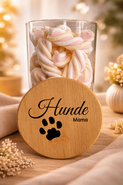 Geschenk-Glas "Hunde Mama" von Ha1pe.de mit Bambusdeckel, dekoratives Glas für Hundeliebhaber, sichtbares Design.