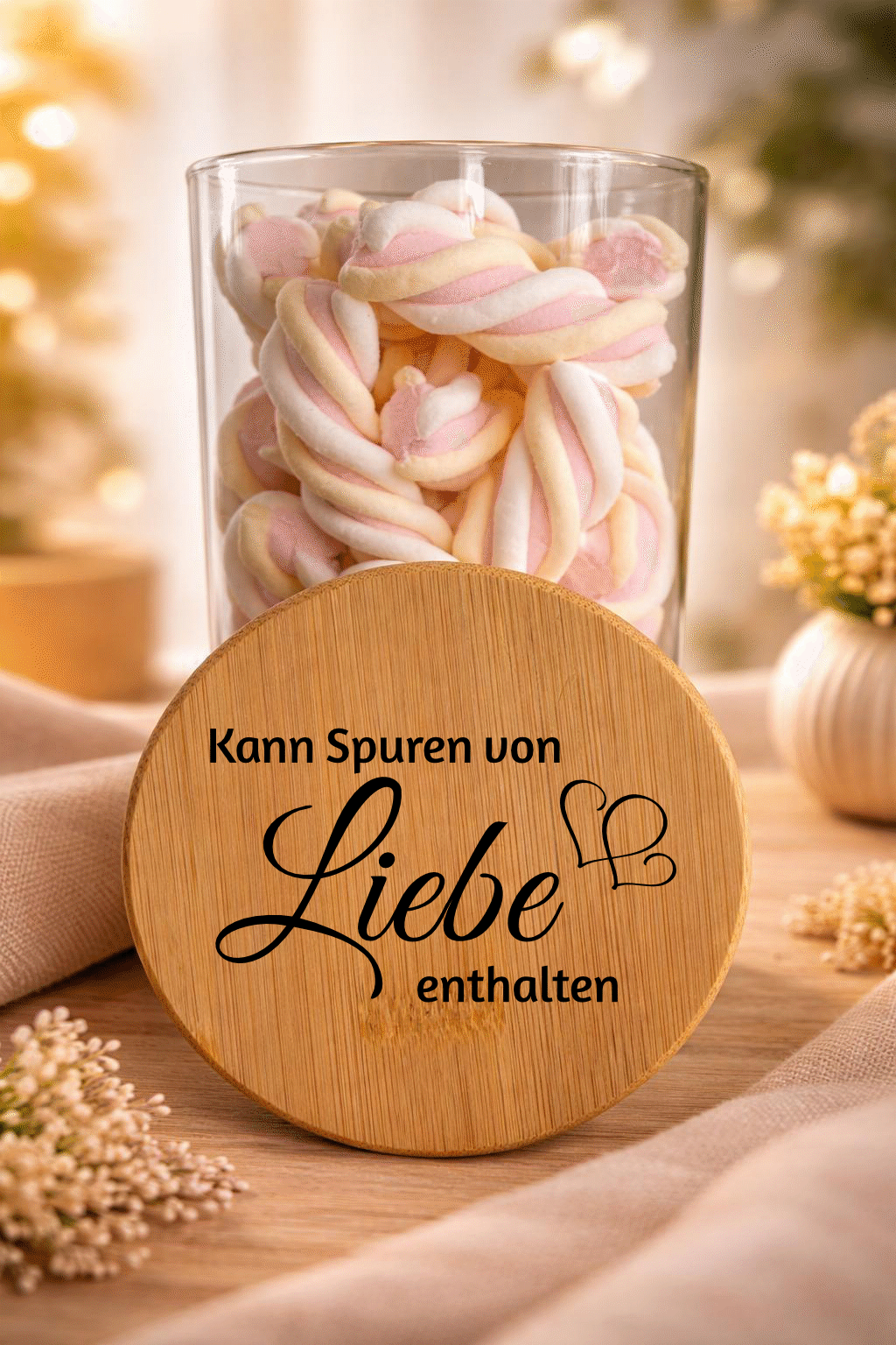 Geschenkglas "Spuren von Liebe" mit Bambusdeckel, handgefertigt, transparentes Glas mit liebevollen Spuren, ideal als Geschenk.