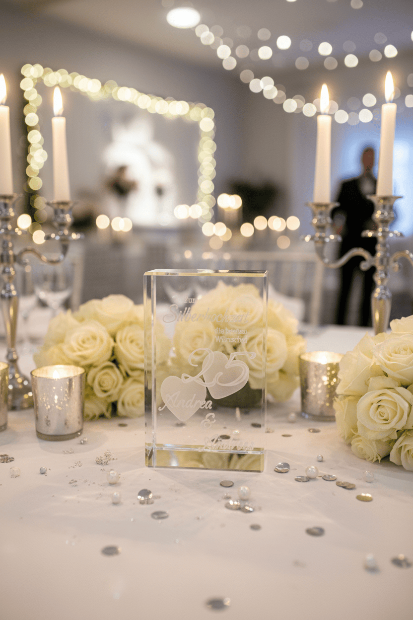 Kristall auf Hochzeitstisch am Hochzeitstag mit personalisierter Gravur