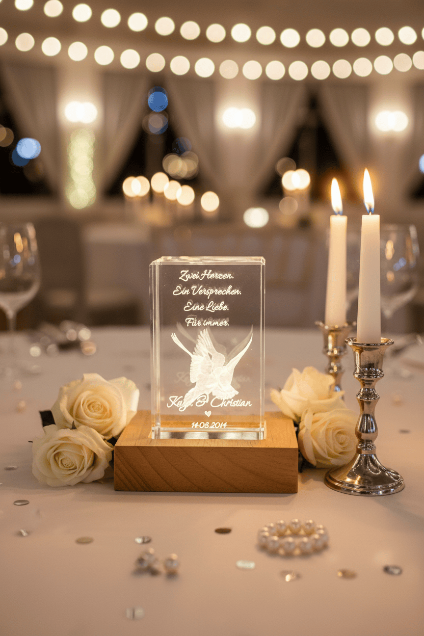 Kristall Tauben mit Sockel auf Hochzeitstisch